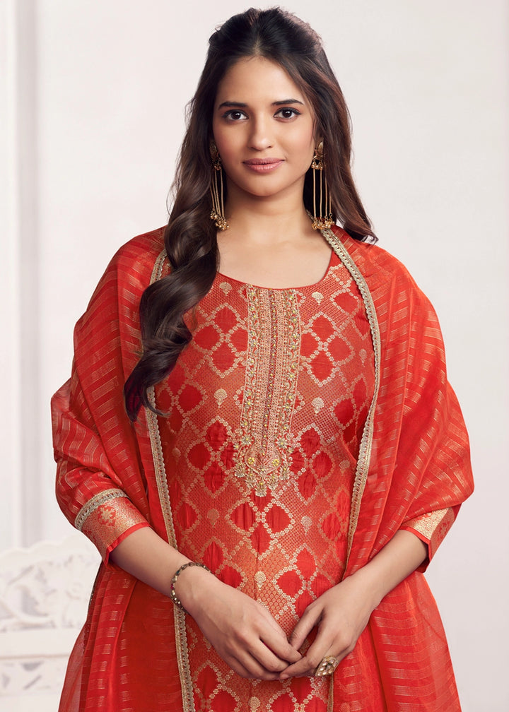 Orange Jacquard Straight Kurta With Dyed Trousers And Jacquard Dupatta