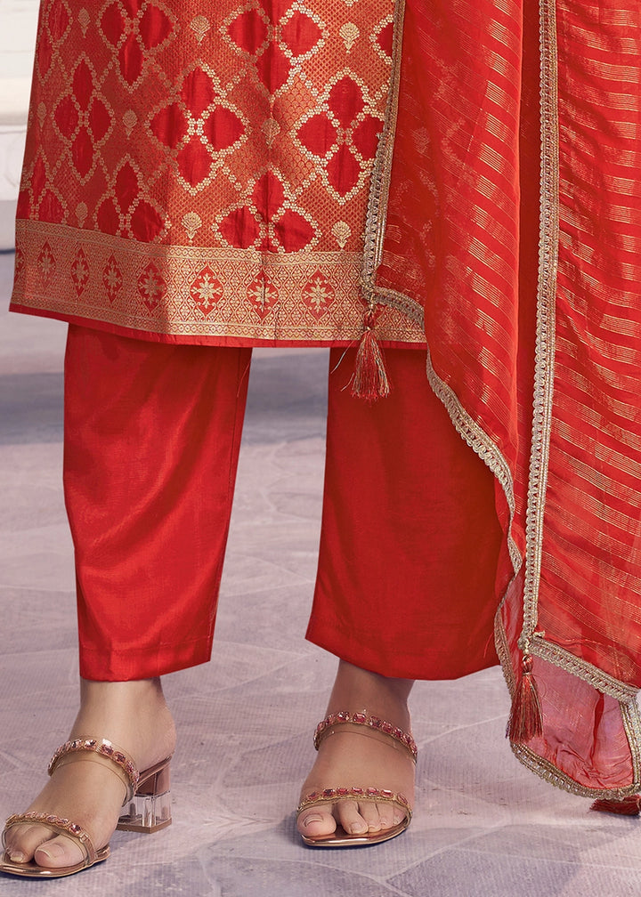Orange Jacquard Straight Kurta With Dyed Trousers And Jacquard Dupatta