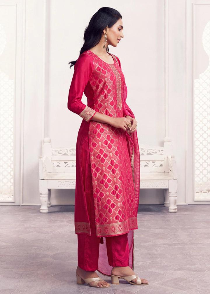 Raspberry Pink Jacquard Straight Kurta With Trousers And Jacquard Dupatta