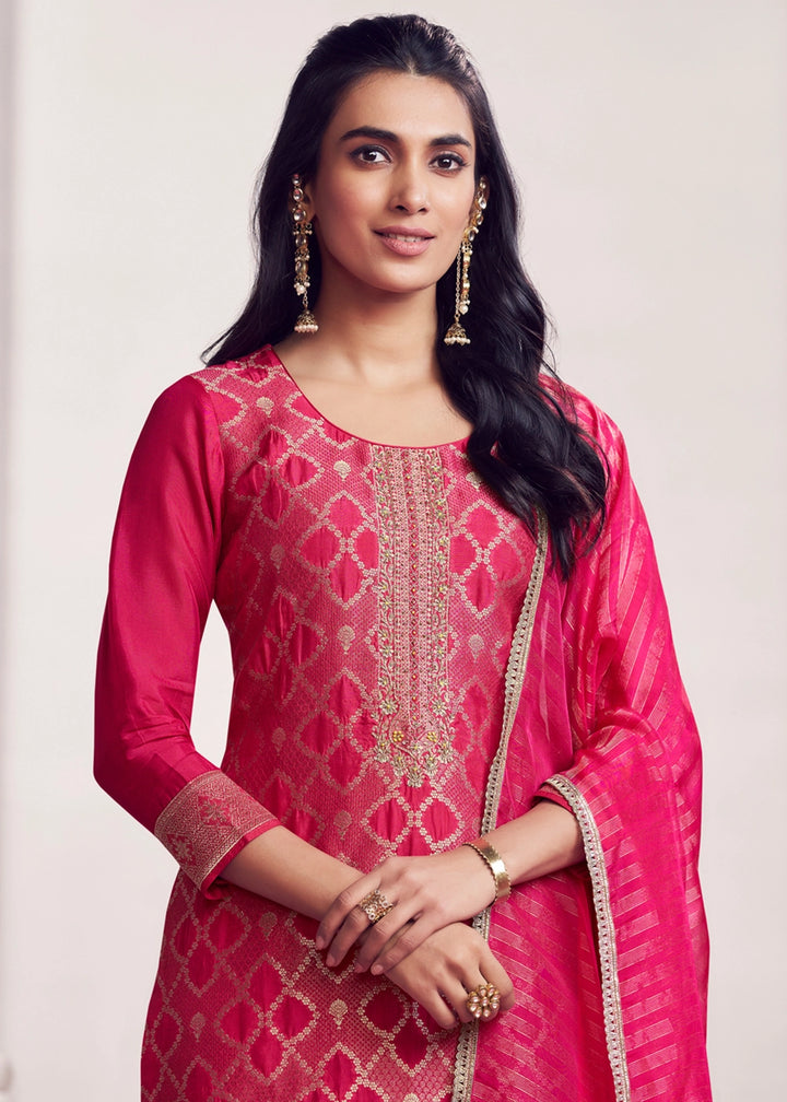 Raspberry Pink Jacquard Straight Kurta With Trousers And Jacquard Dupatta