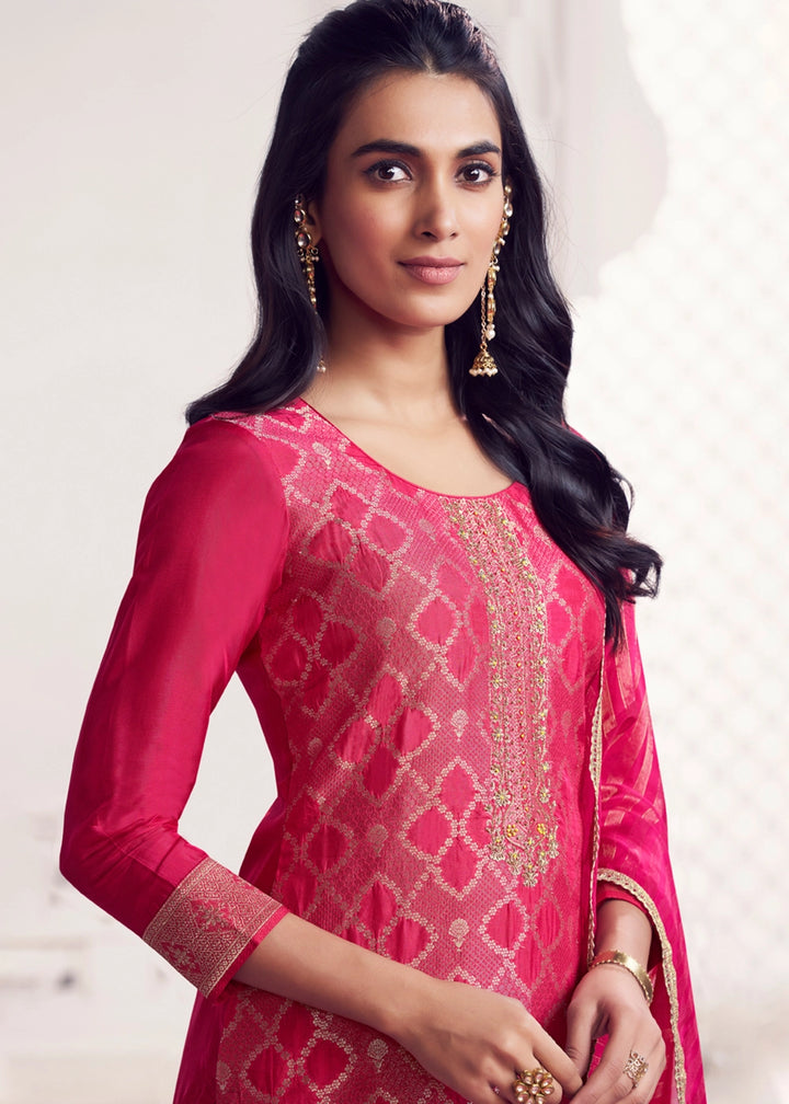 Raspberry Pink Jacquard Straight Kurta With Trousers And Jacquard Dupatta