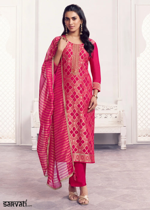 Raspberry Pink Jacquard Straight Kurta With Trousers And Jacquard Dupatta