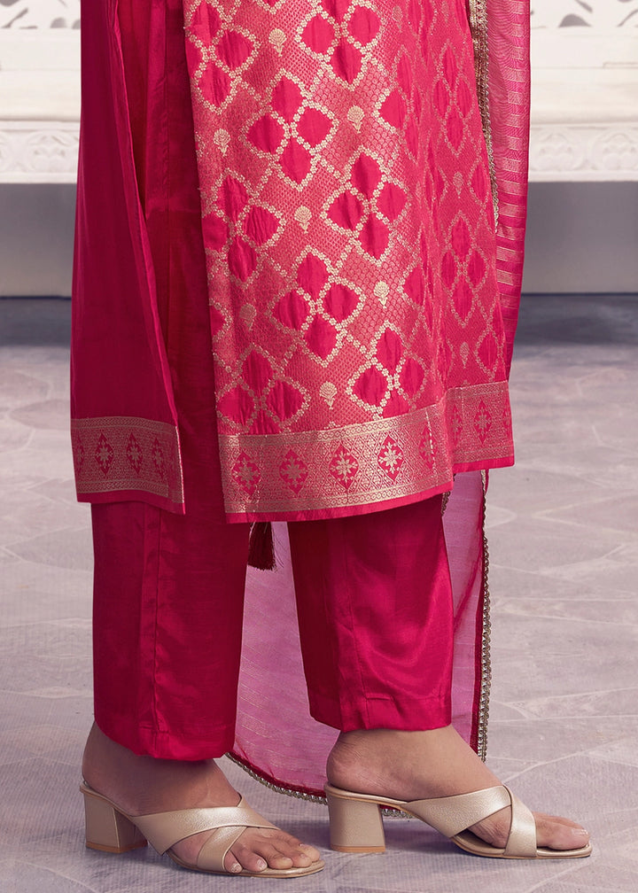 Raspberry Pink Jacquard Straight Kurta With Trousers And Jacquard Dupatta