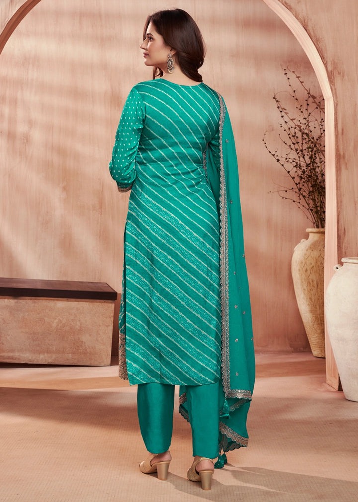 Turquoise-Blue Printed Straight Kurta With Trousers And Embroidery Dupatta