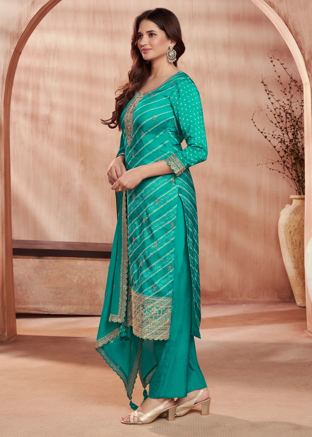 Turquoise-Blue Printed Straight Kurta With Trousers And Embroidery Dupatta