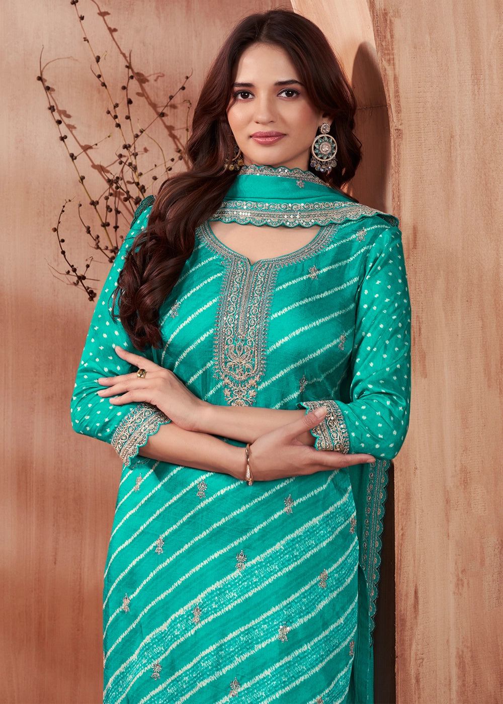 Turquoise-Blue Printed Straight Kurta With Trousers And Embroidery Dupatta