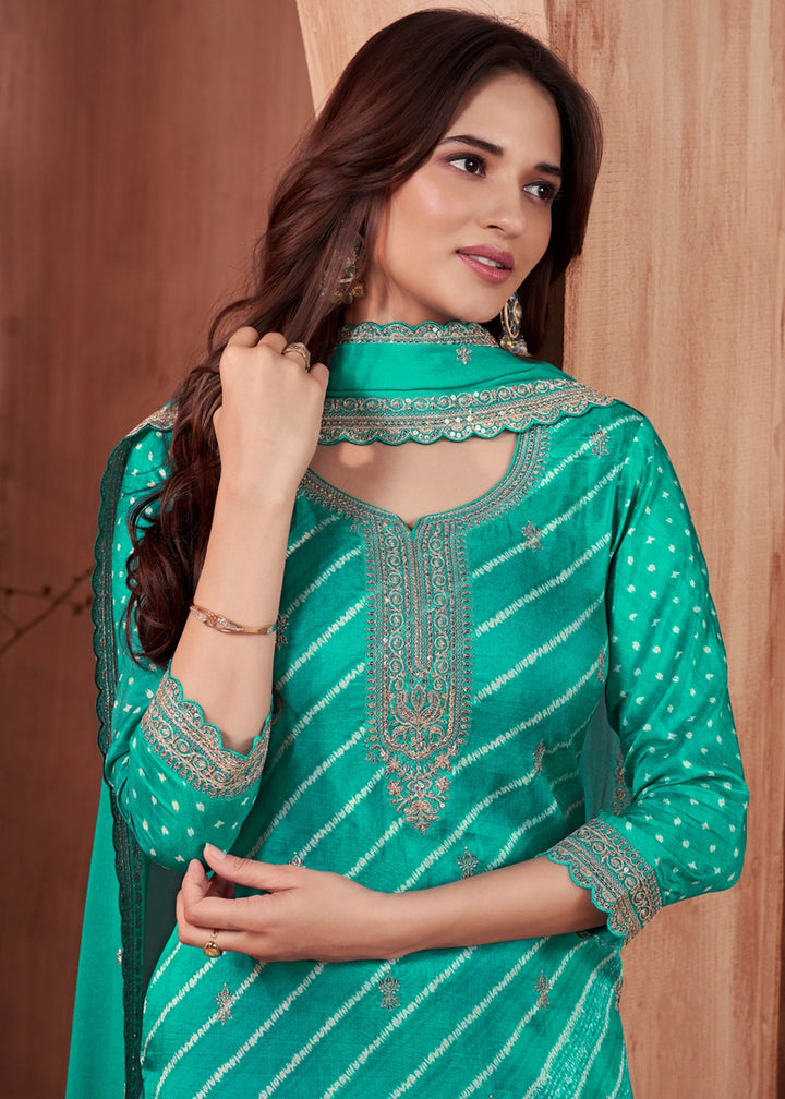 Turquoise-Blue Printed Straight Kurta With Trousers And Embroidery Dupatta