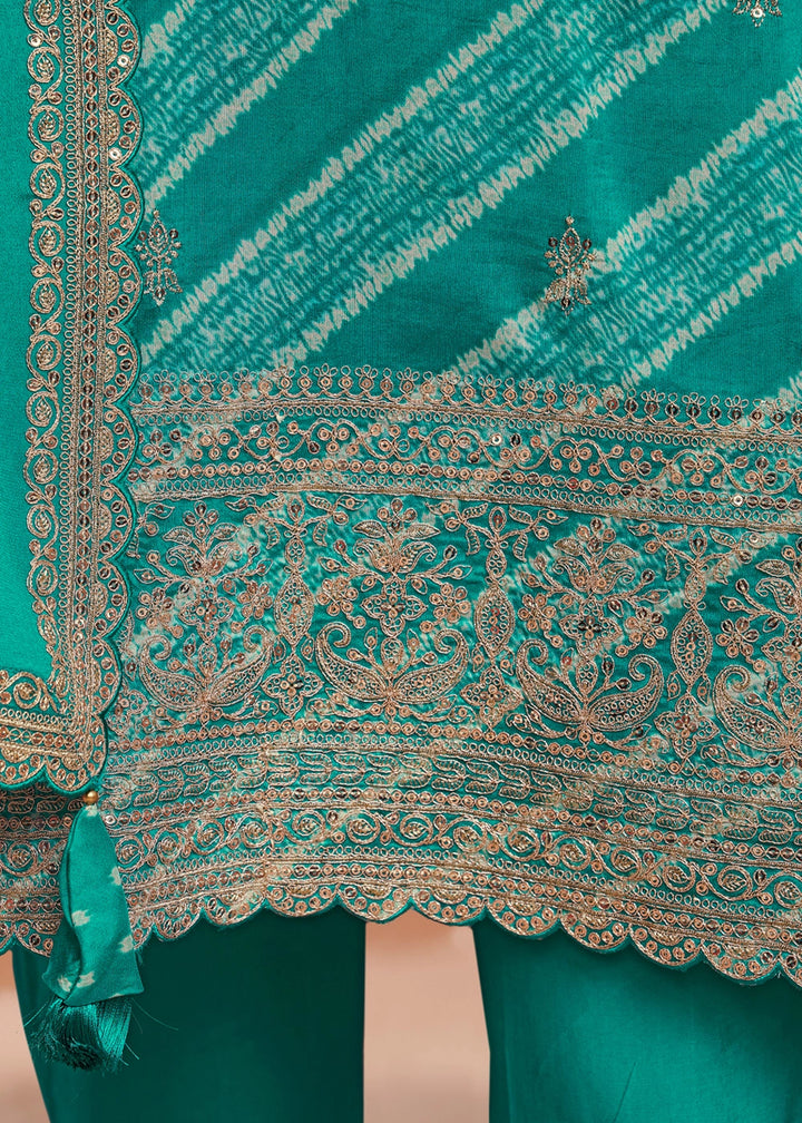 Turquoise-Blue Printed Straight Kurta With Trousers And Embroidery Dupatta