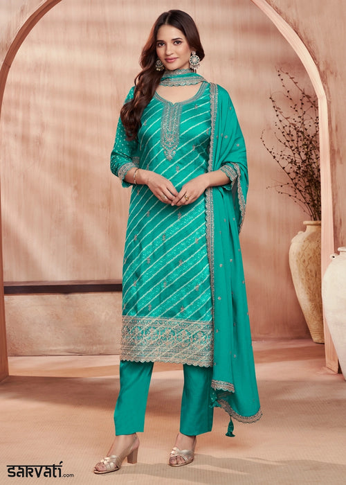 Turquoise-Blue Printed Straight Kurta With Trousers And Embroidery Dupatta