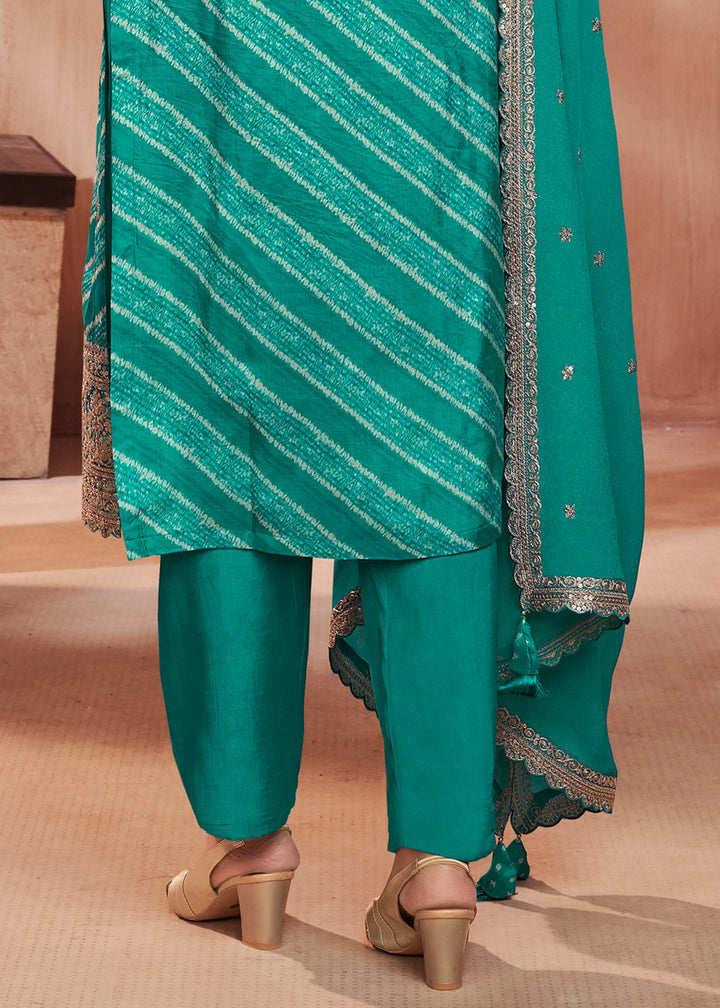Turquoise-Blue Printed Straight Kurta With Trousers And Embroidery Dupatta
