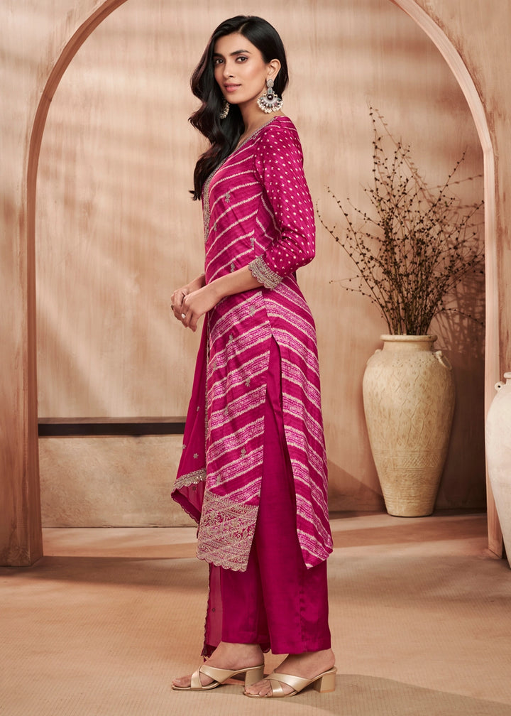 Magenta Pink Printed Straight Kurta With Trousers And Embroidery Dupatta