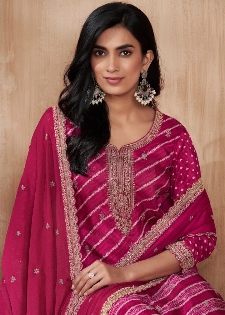 Magenta Pink Printed Straight Kurta With Trousers And Embroidery Dupatta
