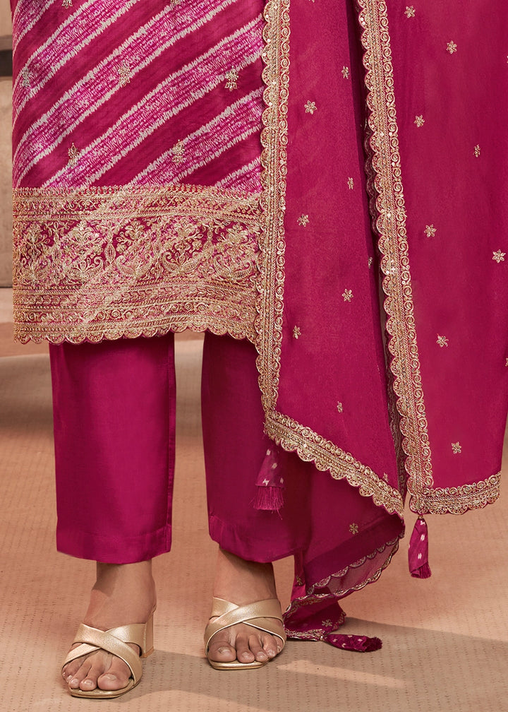 Magenta Pink Printed Straight Kurta With Trousers And Embroidery Dupatta