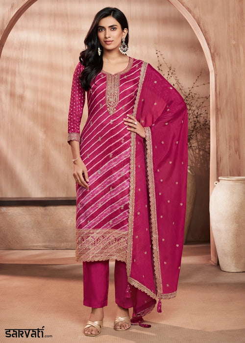 Magenta Pink Printed Straight Kurta With Trousers And Embroidery Dupatta