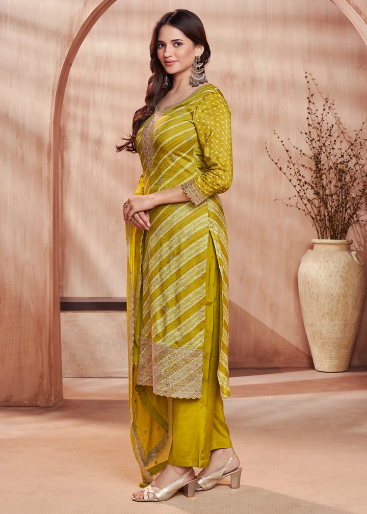 Olive Green Printed Straight Kurta With Trousers And Embroidery Dupatta