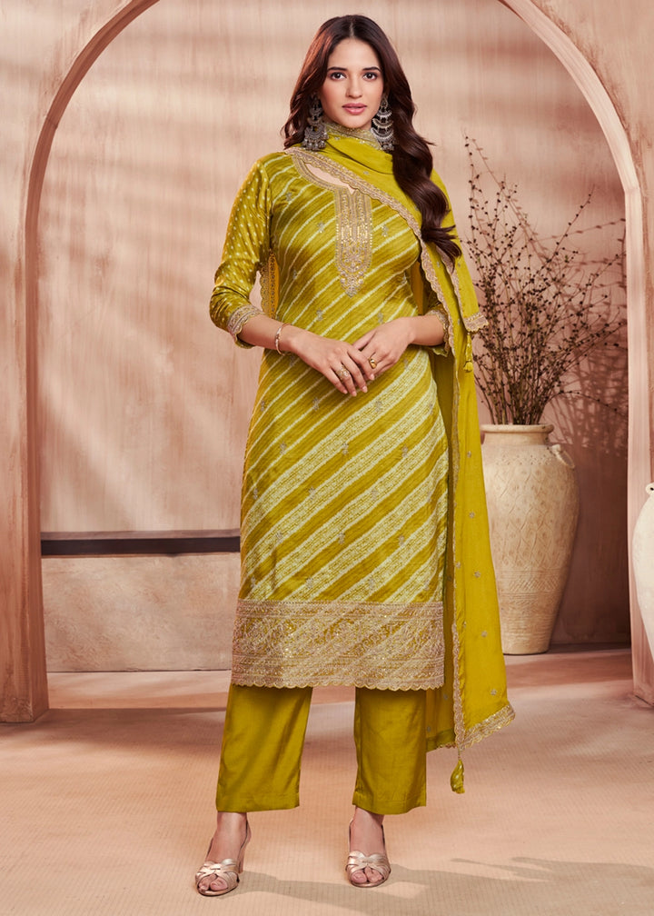 Olive Green Printed Straight Kurta With Trousers And Embroidery Dupatta