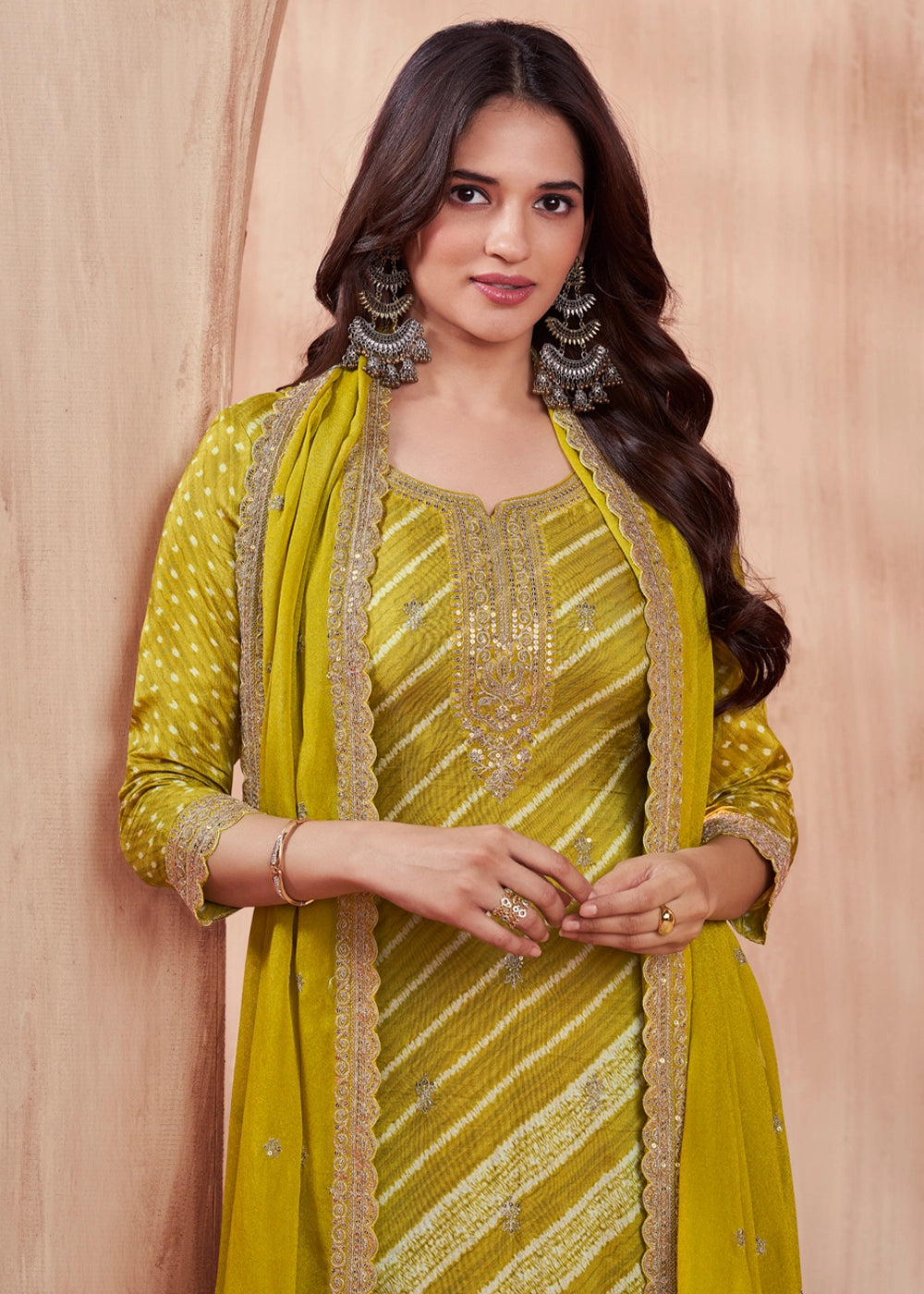 Olive Green Printed Straight Kurta With Trousers And Embroidery Dupatta