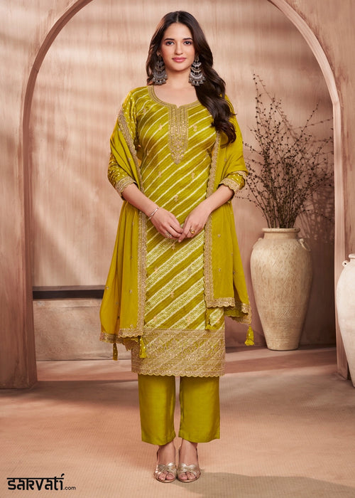Olive Green Printed Straight Kurta With Trousers And Embroidery Dupatta