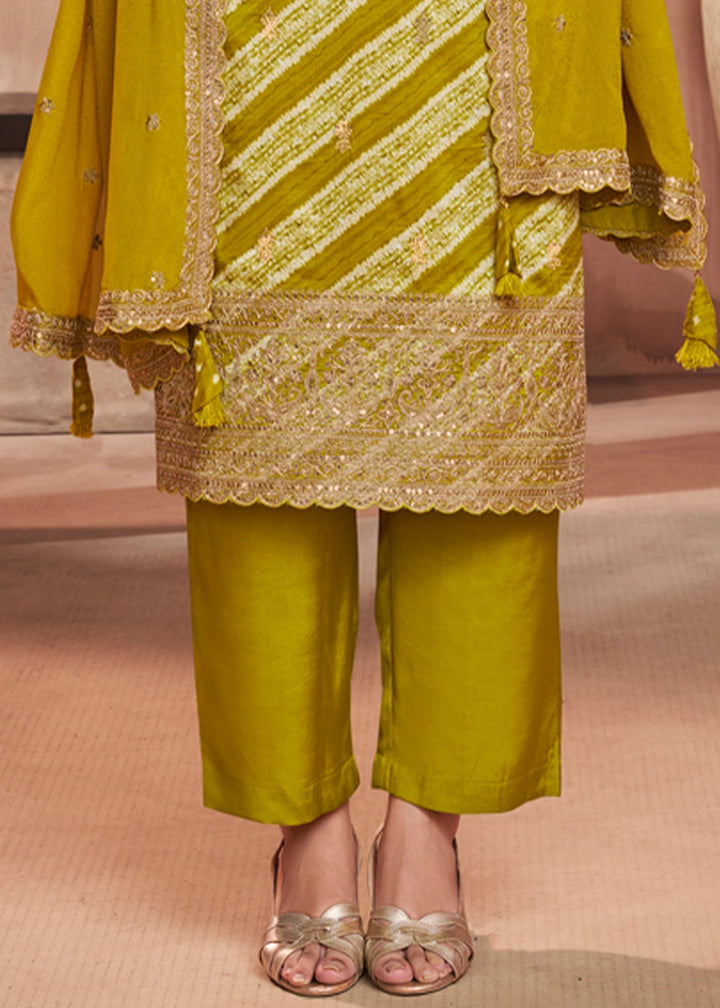 Olive Green Printed Straight Kurta With Trousers And Embroidery Dupatta