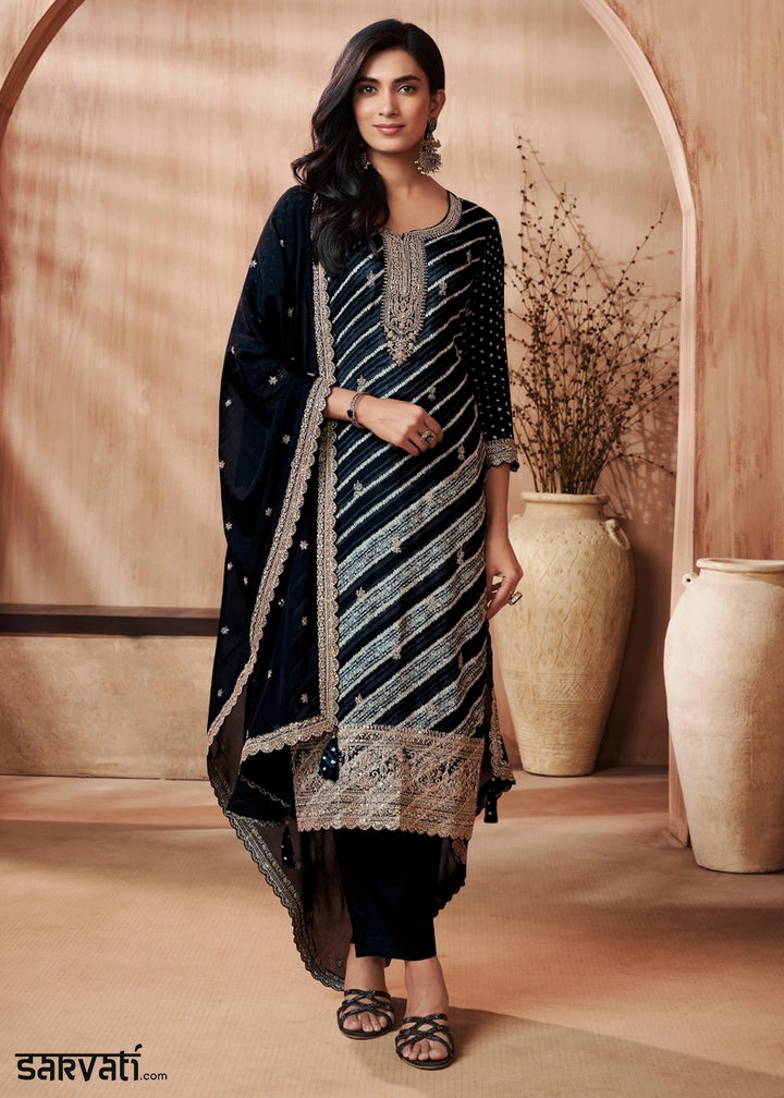 Pebble Black Printed Straight Kurta With Trousers And Embroidery Dupatta