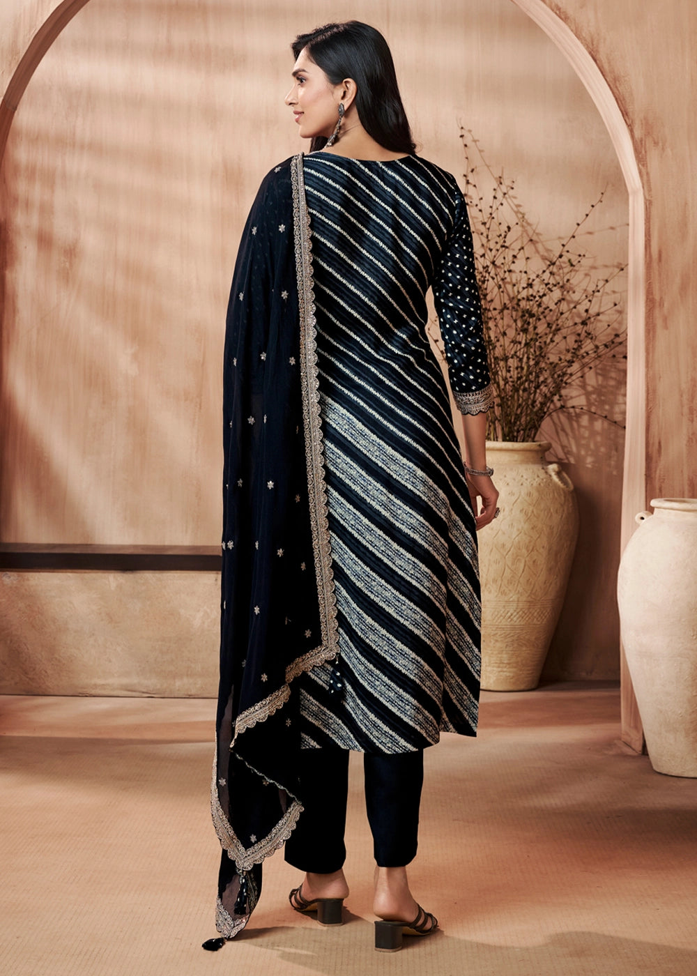 Pebble Black Printed Straight Kurta With Trousers And Embroidery Dupatta