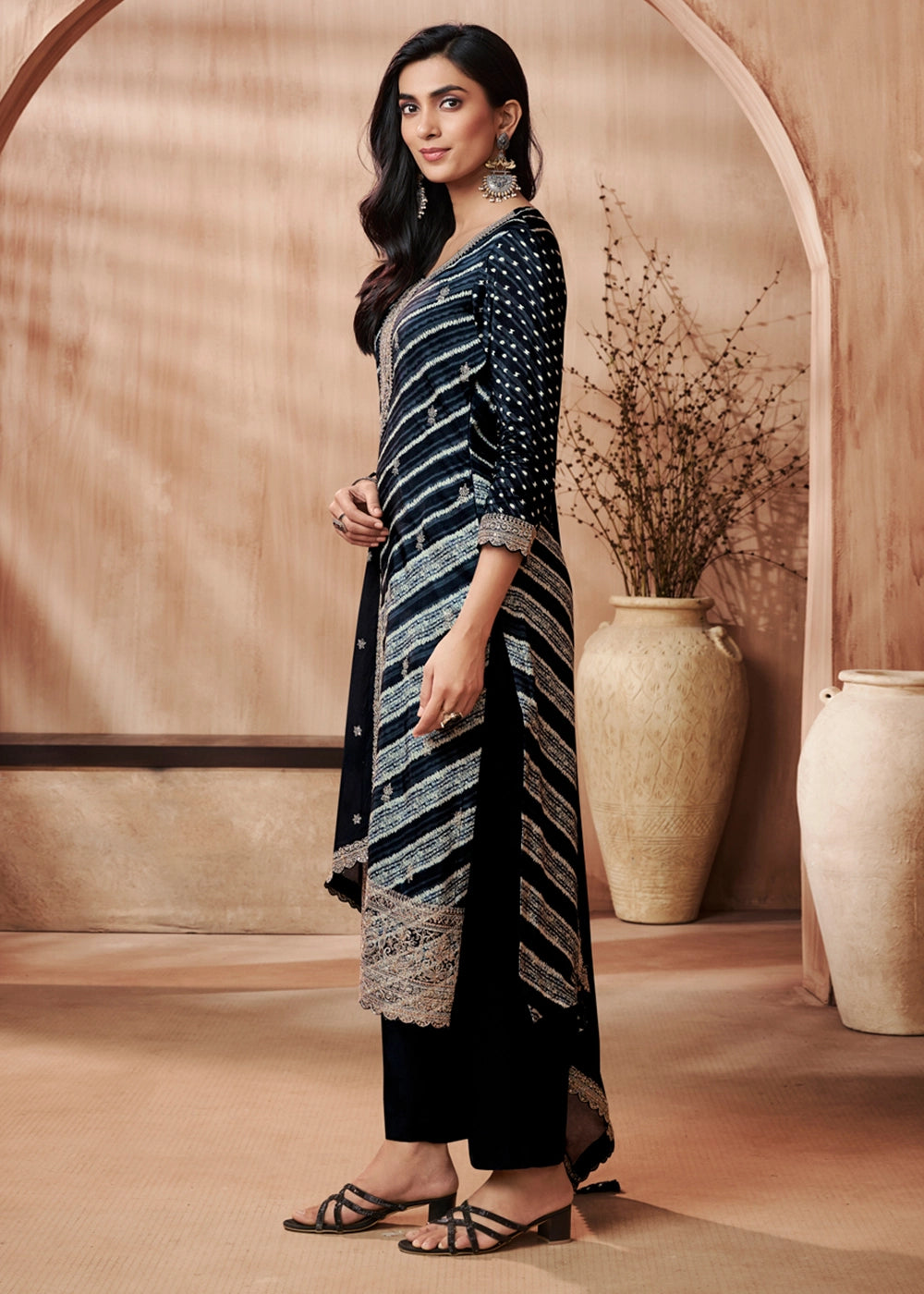 Pebble Black Printed Straight Kurta With Trousers And Embroidery Dupatta