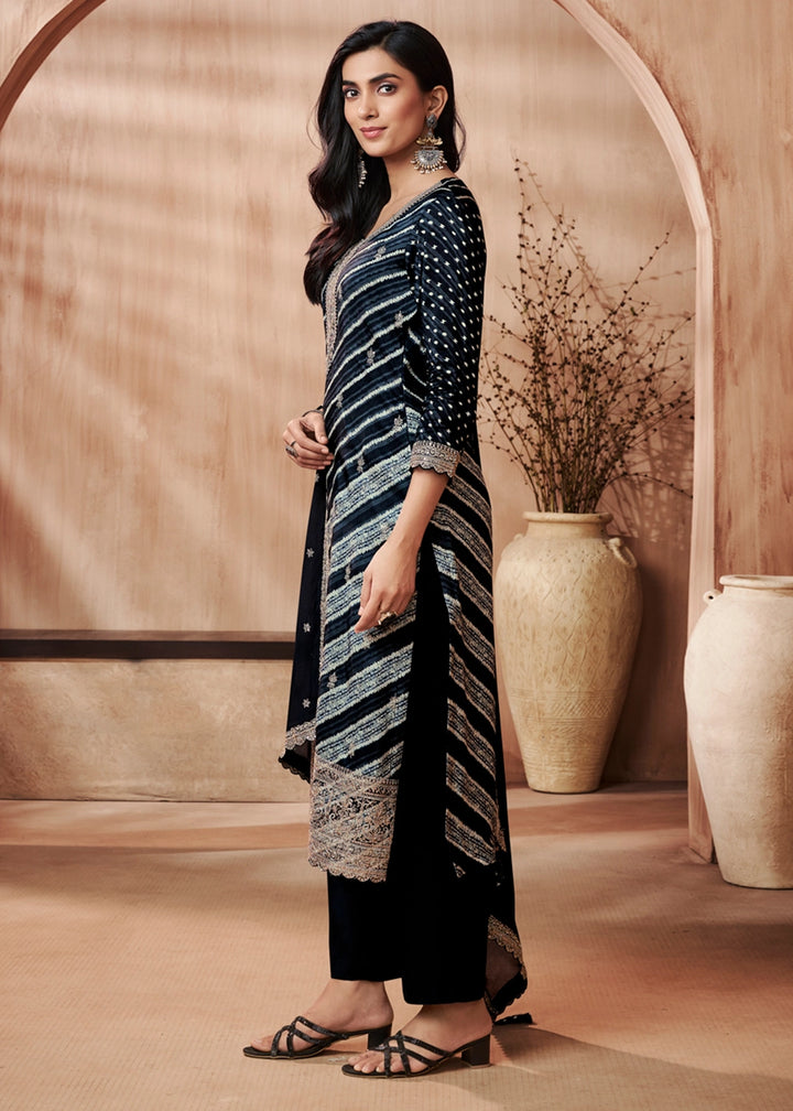 Pebble Black Printed Straight Kurta With Trousers And Embroidery Dupatta