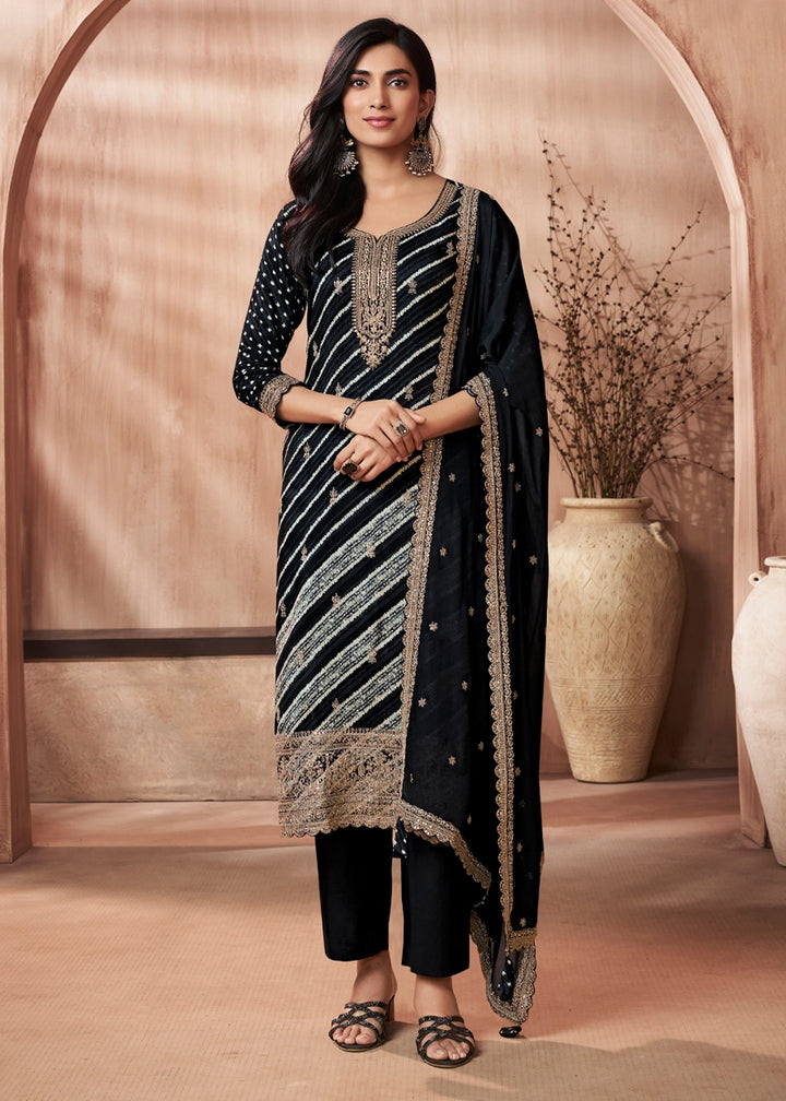 Pebble Black Printed Straight Kurta With Trousers And Embroidery Dupatta
