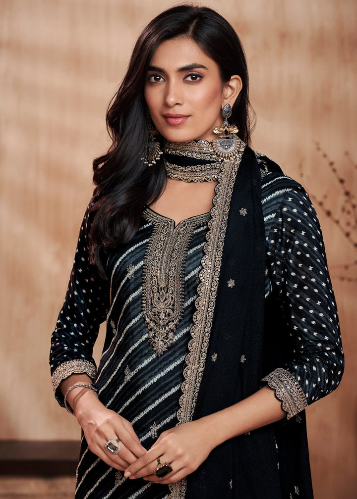 Pebble Black Printed Straight Kurta With Trousers And Embroidery Dupatta