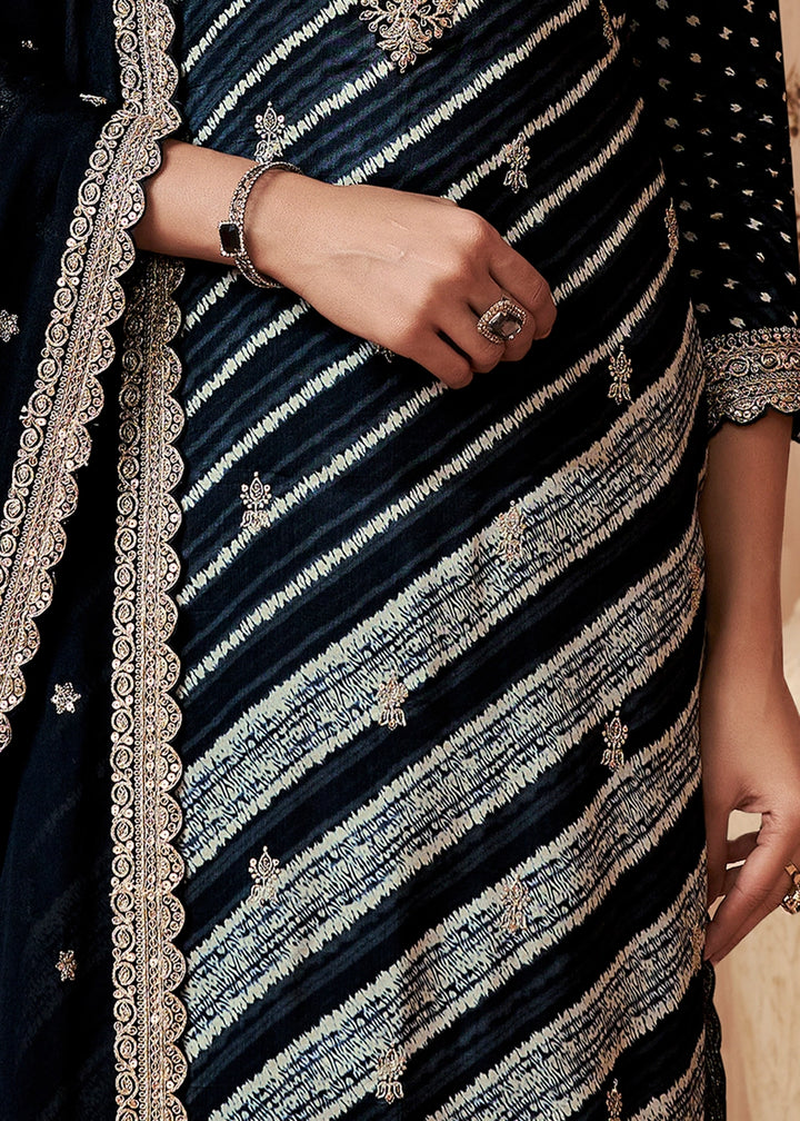 Pebble Black Printed Straight Kurta With Trousers And Embroidery Dupatta