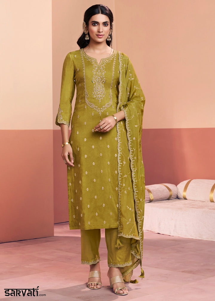 Olive Green Dola Silk Embroidered Straight Kurta Set