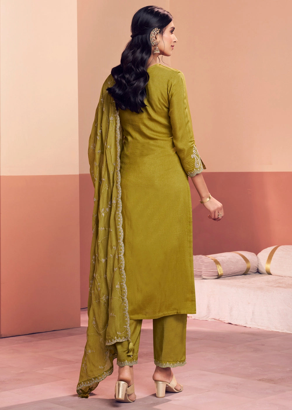 Olive Green Dola Silk Embroidered Straight Kurta Set