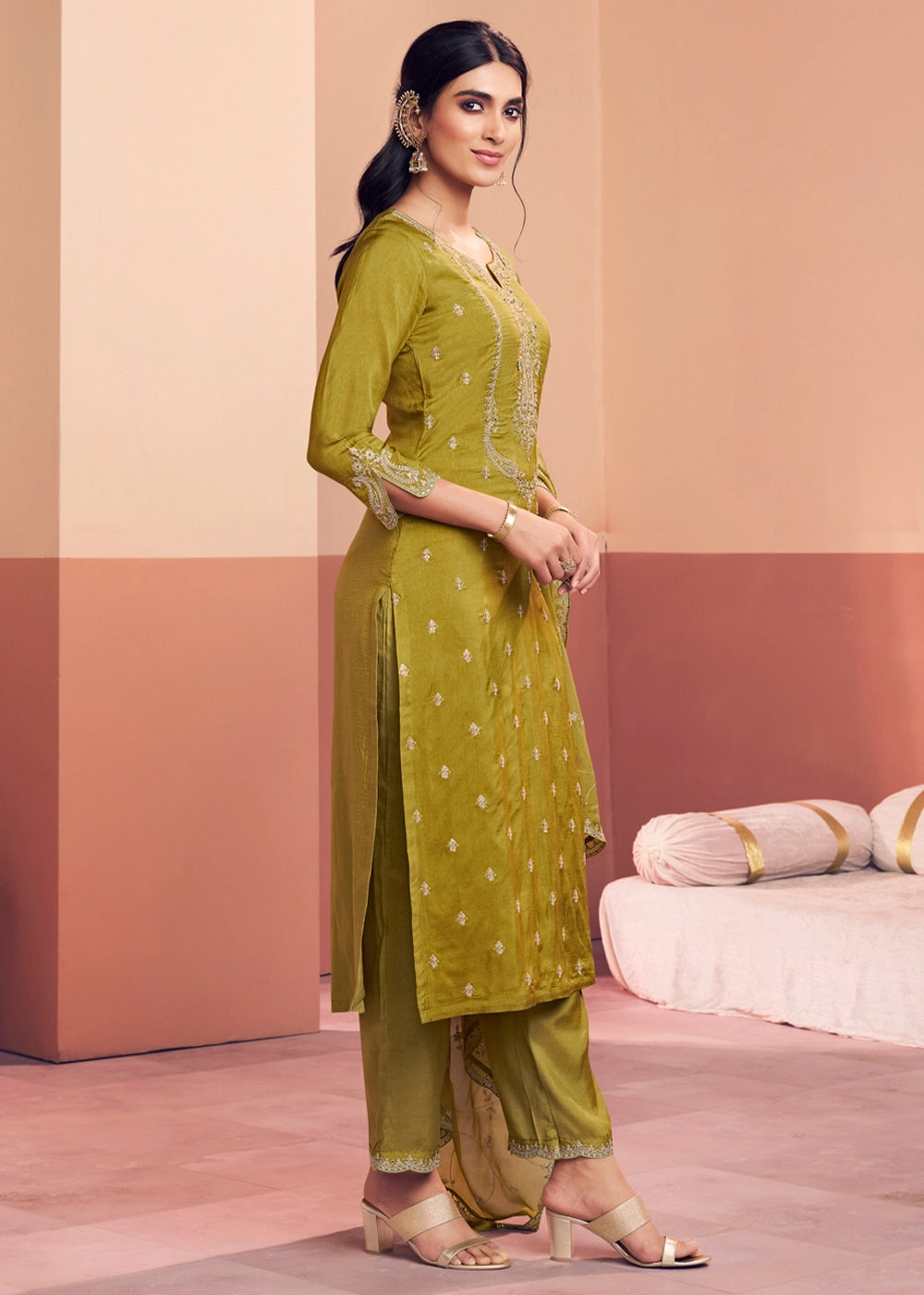 Olive Green Dola Silk Embroidered Straight Kurta Set