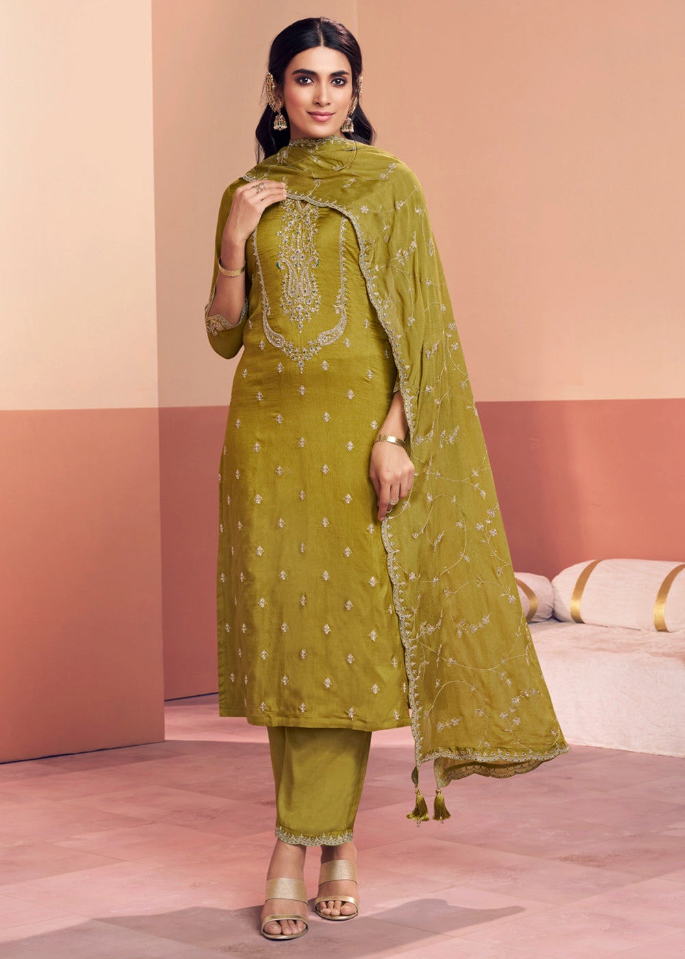 Olive Green Dola Silk Embroidered Straight Kurta Set