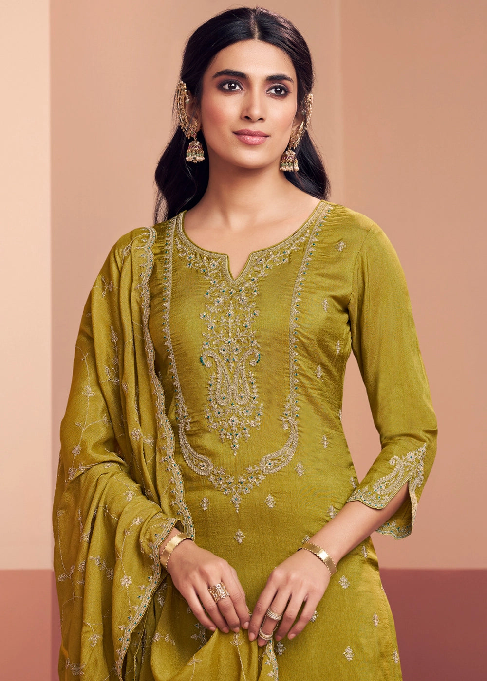 Olive Green Dola Silk Embroidered Straight Kurta Set