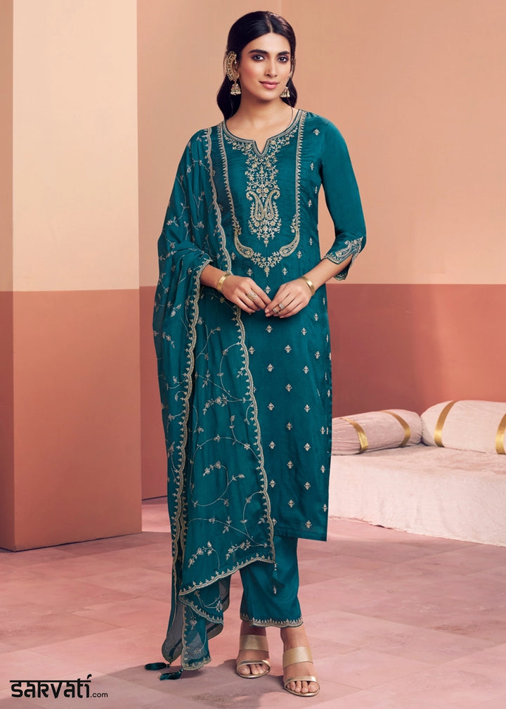 Teal Blue Dola Silk Embroidered Straight Kurta And Trousers