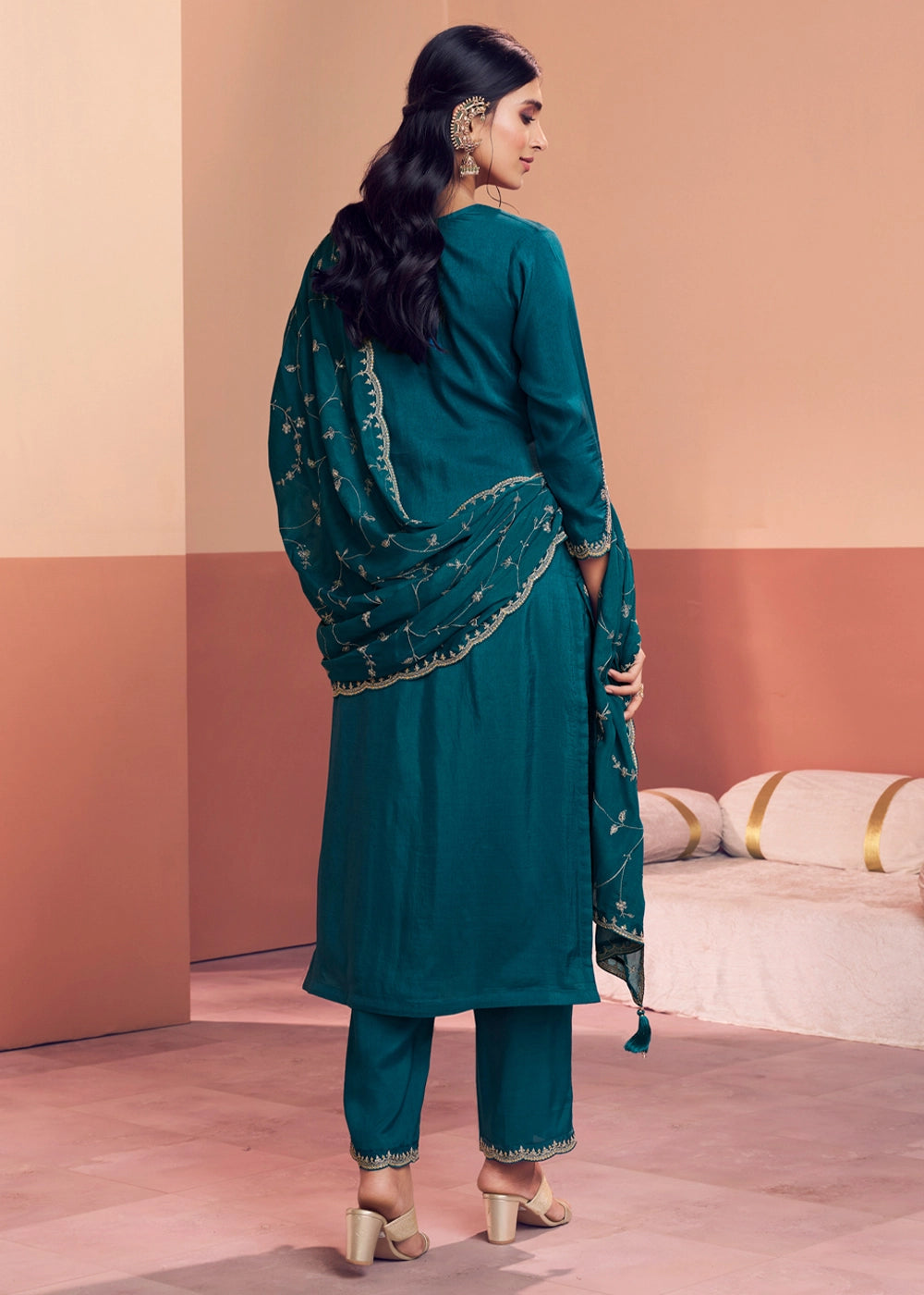 Teal Blue Dola Silk Embroidered Straight Kurta And Trousers