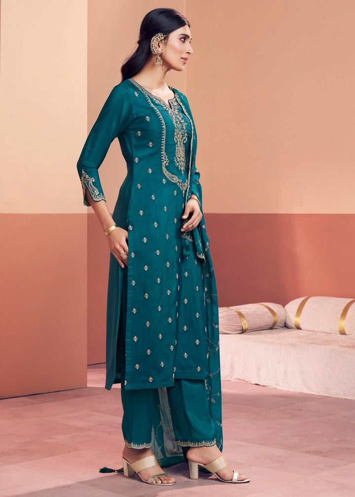 Teal Blue Dola Silk Embroidered Straight Kurta And Trousers