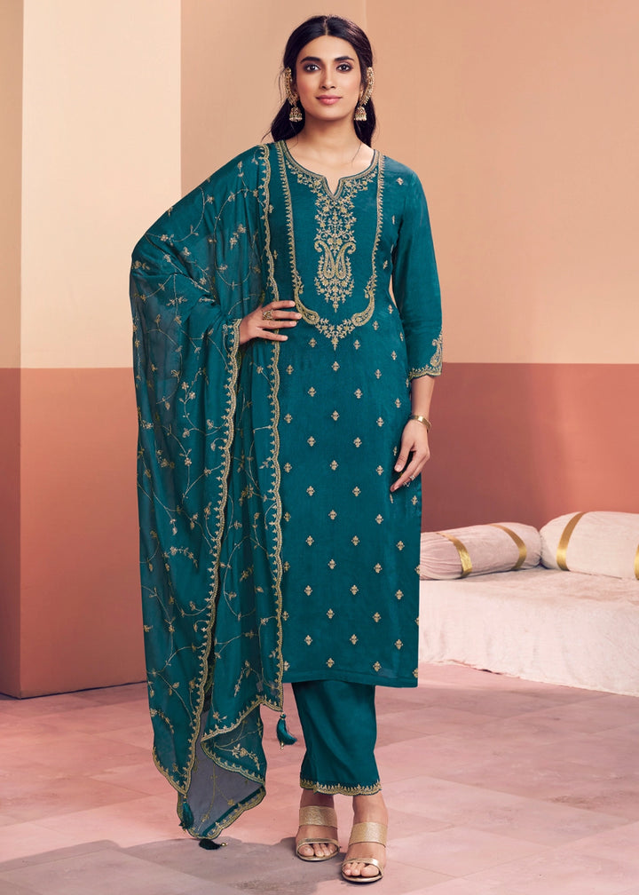 Teal Blue Dola Silk Embroidered Straight Kurta And Trousers