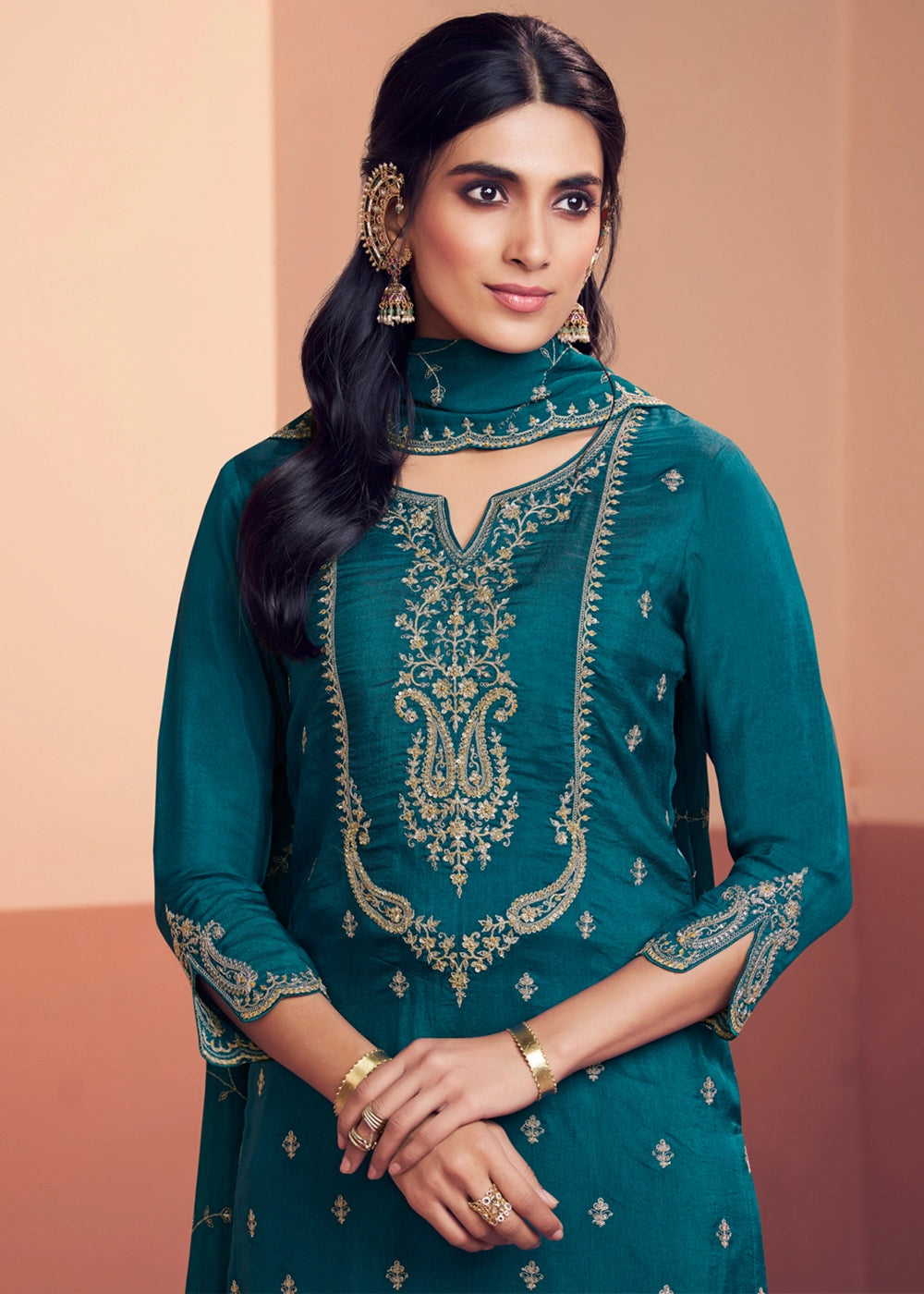 Teal Blue Dola Silk Embroidered Straight Kurta And Trousers