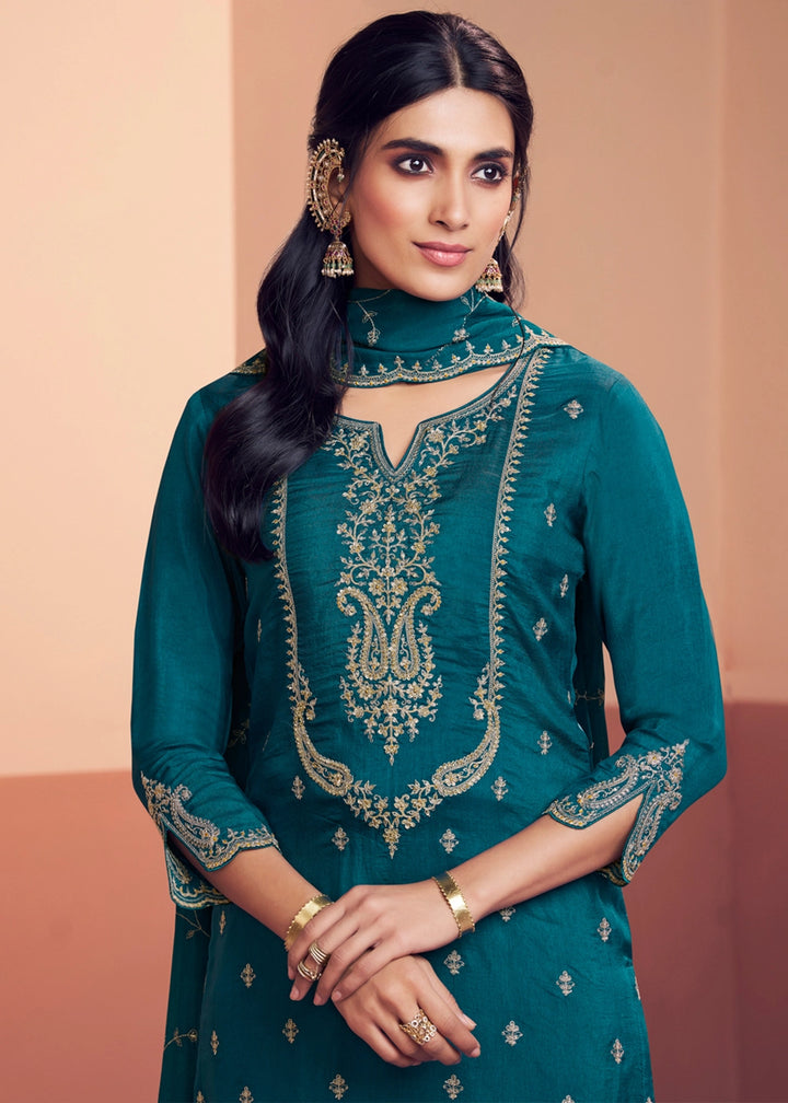 Teal Blue Dola Silk Embroidered Straight Kurta And Trousers