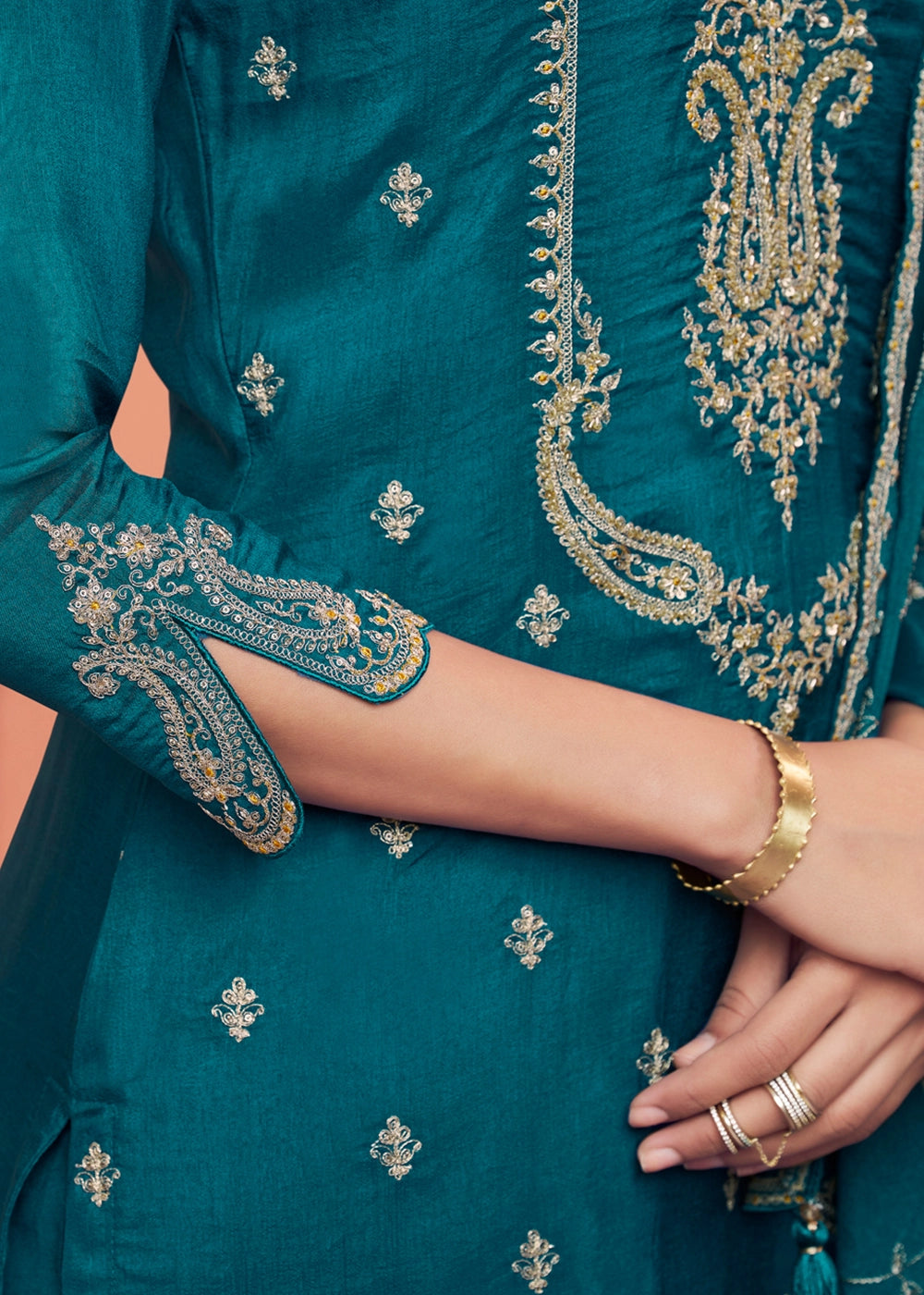 Teal Blue Dola Silk Embroidered Straight Kurta And Trousers