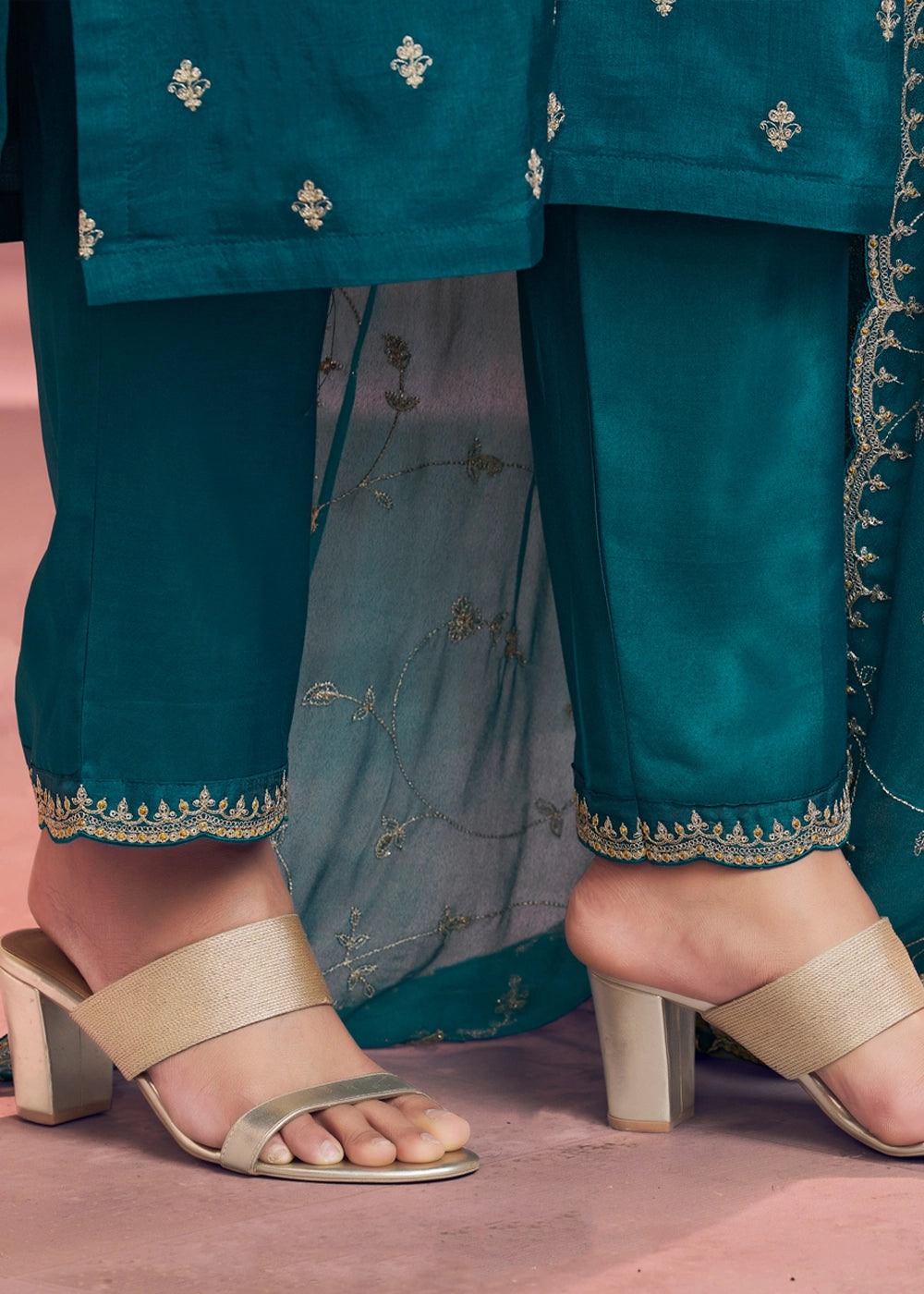 Teal Blue Dola Silk Embroidered Straight Kurta And Trousers