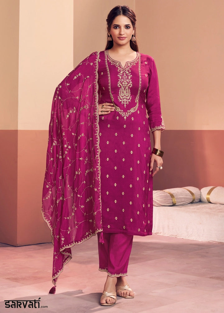 Magenta Pink Dola Silk Embroidered Straight Kurta Set with Jaal Dupatta