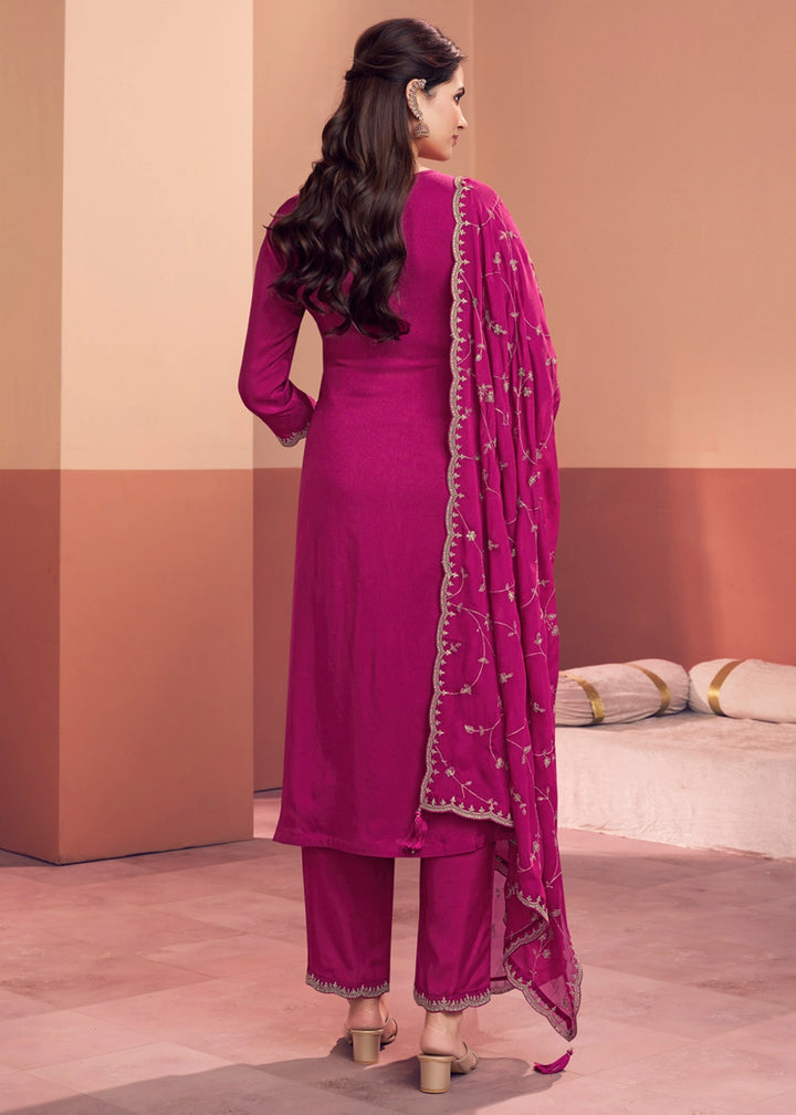 Magenta Pink Dola Silk Embroidered Straight Kurta Set with Jaal Dupatta