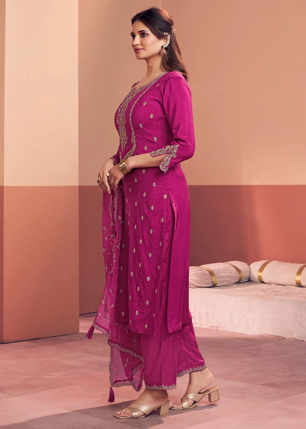 Magenta Pink Dola Silk Embroidered Straight Kurta Set with Jaal Dupatta