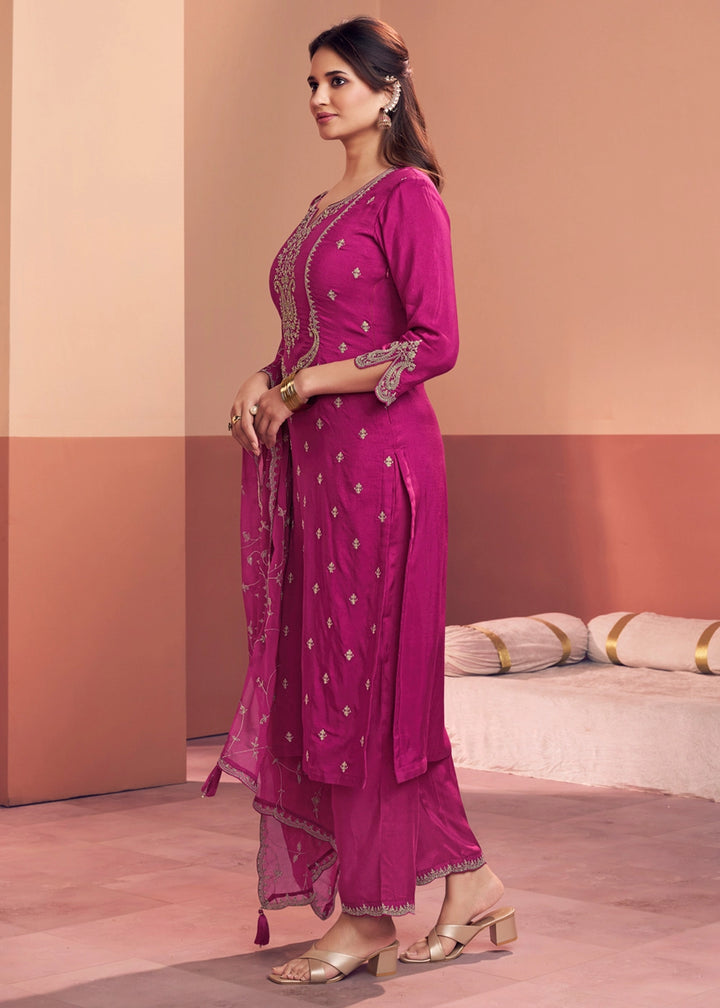 Magenta Pink Dola Silk Embroidered Straight Kurta Set with Jaal Dupatta