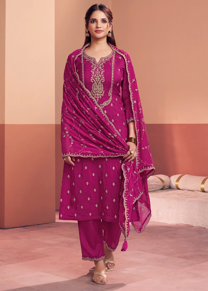 Magenta Pink Dola Silk Embroidered Straight Kurta Set with Jaal Dupatta