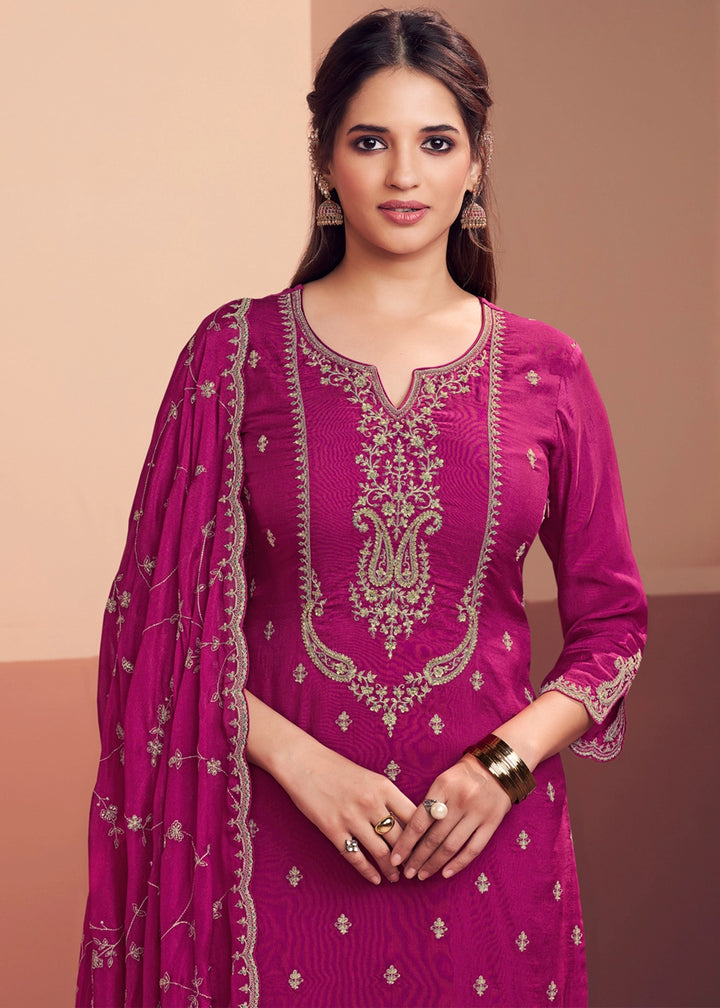 Magenta Pink Dola Silk Embroidered Straight Kurta Set with Jaal Dupatta
