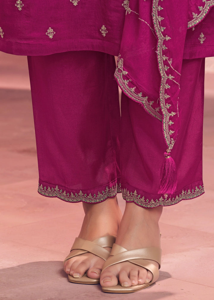 Magenta Pink Dola Silk Embroidered Straight Kurta Set with Jaal Dupatta